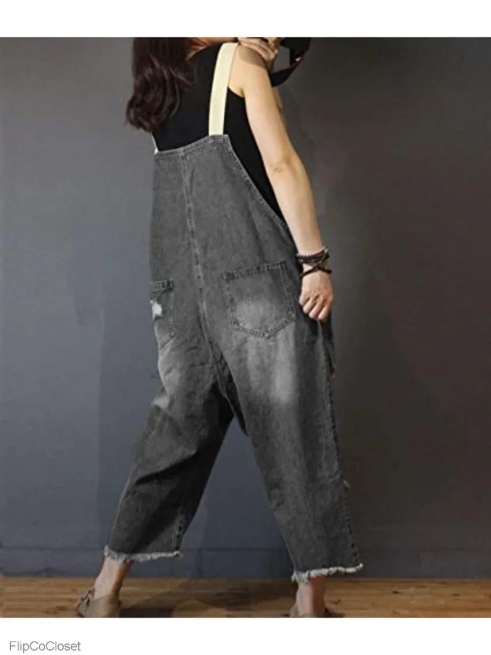 Women's Distressed Ripped Fringed Denim Overalls Cropped Loose Fit Jumpsuit